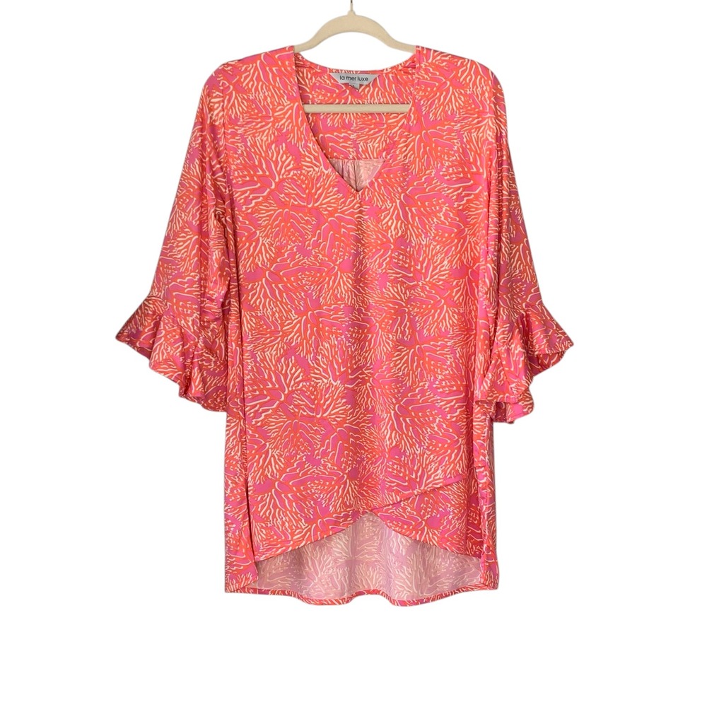 La Mer Luxe‎ coastal tunic popover top In coral/hot pink w bell sleeves. Size L